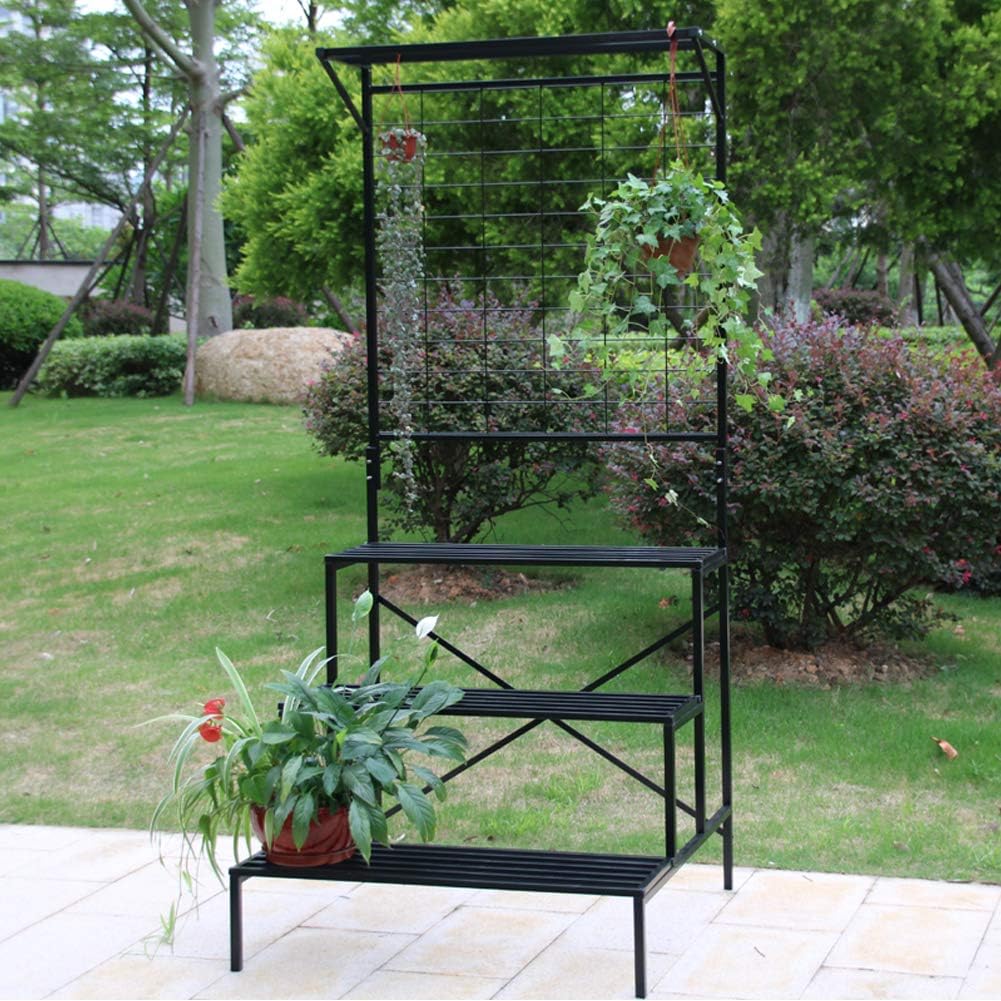 Zhongma 3 Tier Large Heavy Duty Plant Stand with Hanging Plant pot shelf, 35.43 x 33.27 x 78.74, Tall multi layer Plant Holder for Home, Garden, Each Tier: 35.43 L x 10.5W, Easy to Hold Large Plant