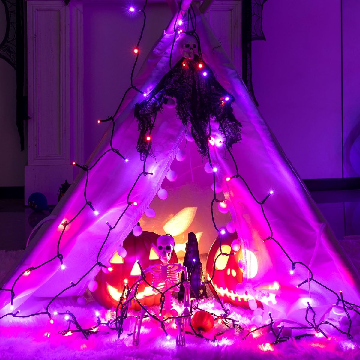 66FT Solar Outdoor Halloween String Lights 200 LED Waterproof Orange and Purple String Lights with Remote for Halloween Tree Garden Backyard Patio Porch