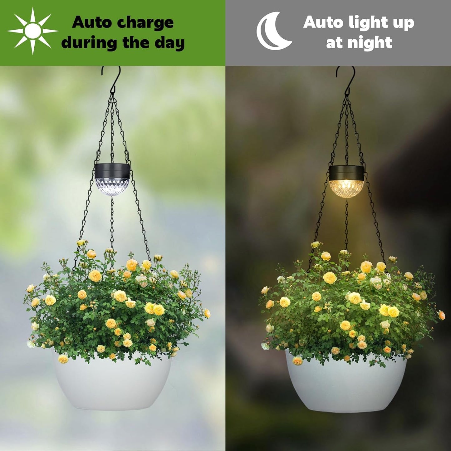2 Packs Solar Hanging Basket Planters for Plants Outdoor, Self Watering White Flower Plants Pots with Solar Light Drainer for Balcony Patio Garden Outdoor Decoration