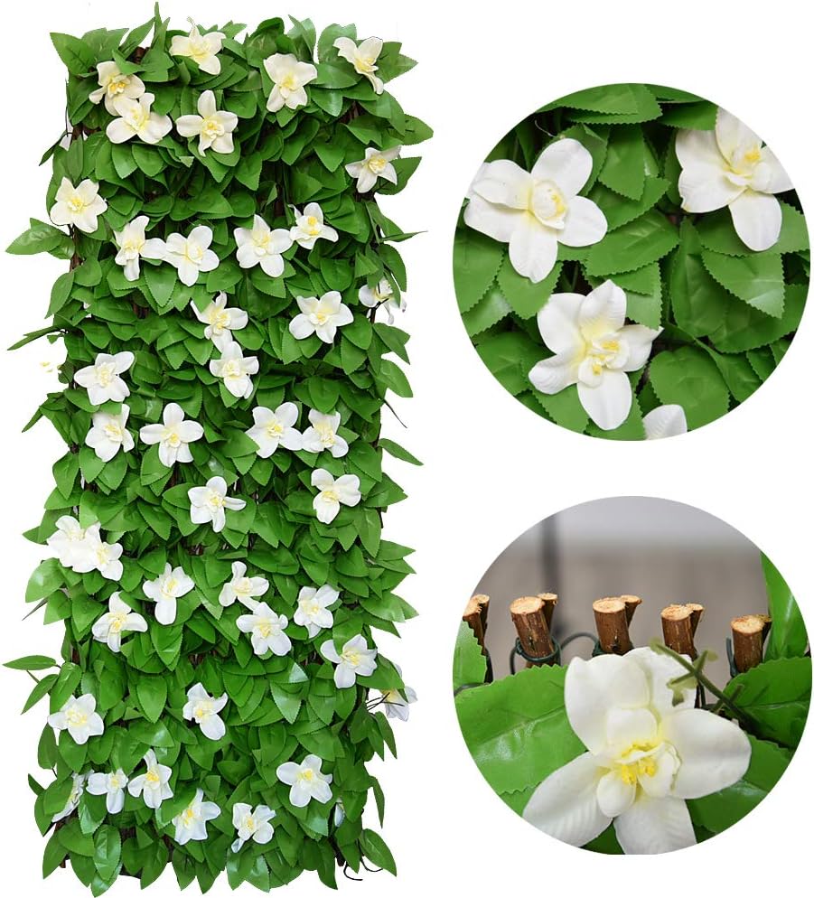 Expandable Faux Ivy Fence,Artificial Privacy Screen Decor for Outdoor Wall, Balcony and Patio, Single Sided Leaves (1,White Flower)