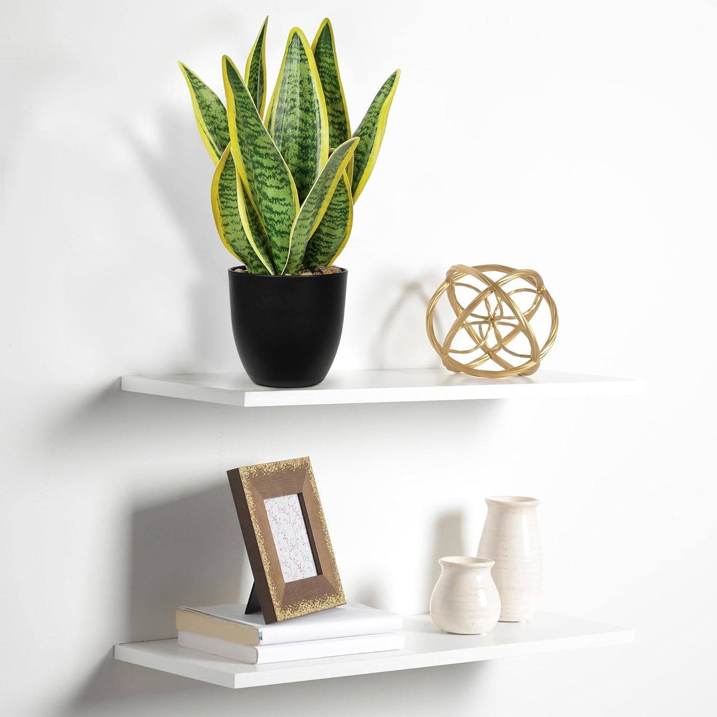 Hollyone Artificial Snake Plant Potted Faux Sansevieria Trifasciata Plants, 13" Tropical Fake Snake Plants in Black Pots for Home Office Room Indoor Decor Housewarming Gifts