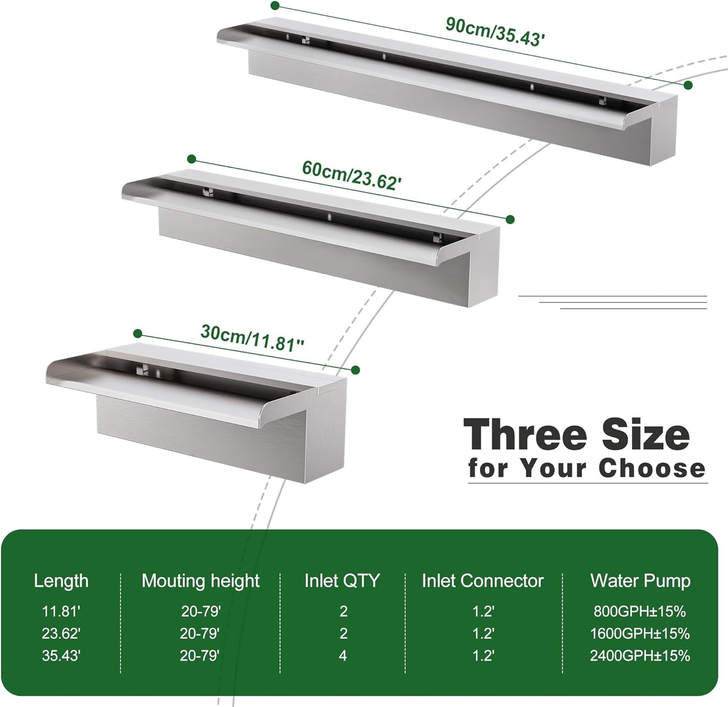 Waterfall Pool Fountain LONGRUNNEW 304 Stainless Steel 35.4" Rectangular Waterfall Spillway, Water Fall Fountain with Pipe Connector for Garden Outdoor, Swimming Pools, Fountains, Pond and Spa