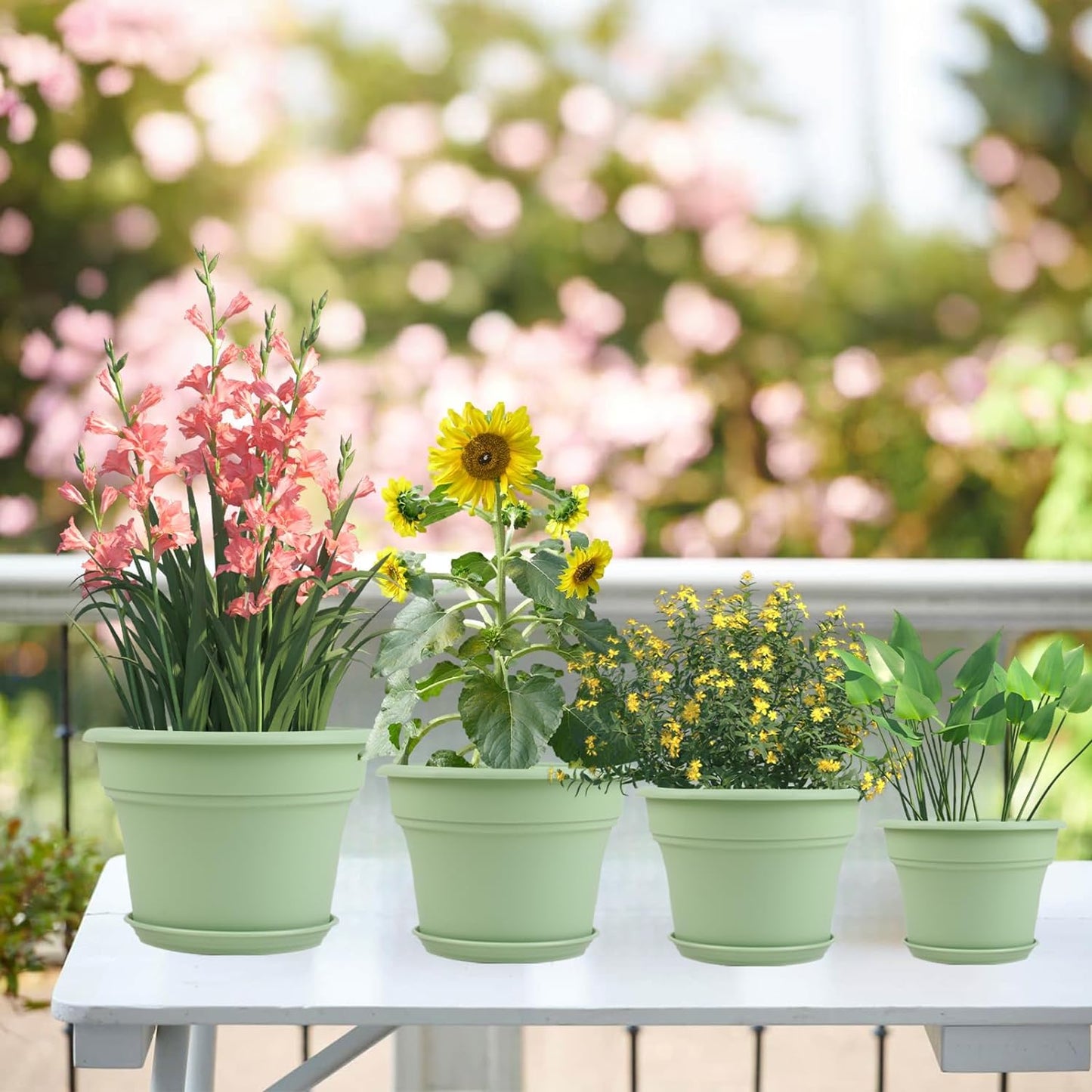 16 inch Plastic-Flower-Pot-for-Indoor-Plants, 4 Pack Large Outdoor Planter Pot with Drainage Holes & Saucers, Resin Decorative Garden Pots Planters