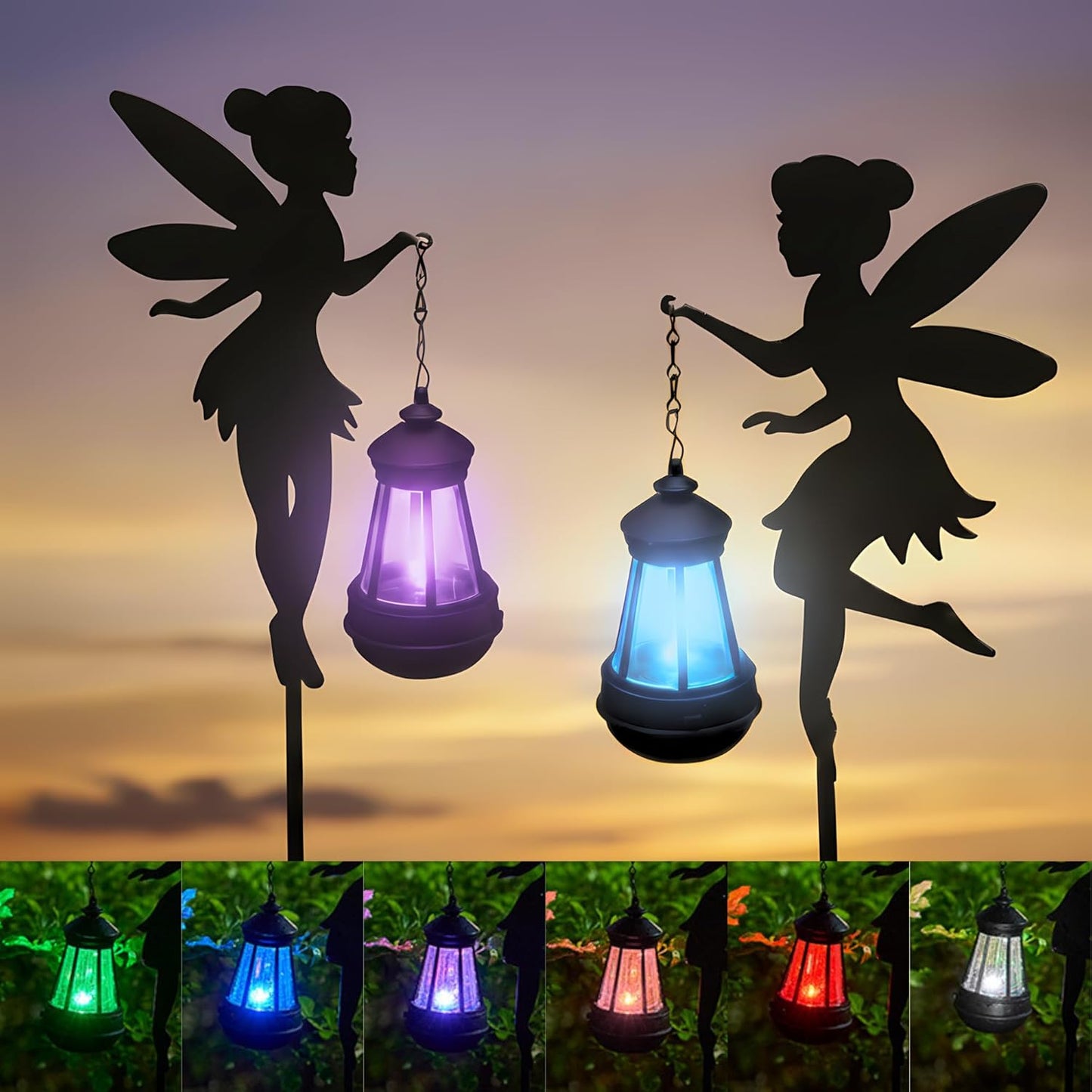 Fairy Garden Accessories Outdoor Lawn Ornaments 1 Pair - Solar Lights Halloween Decorations Outdoor Garden Statue, Metal Stakes Decorative Figurines for Yard Decor, Patio (Type B Color-Shifting)