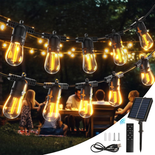 Solar String Lights Outdoor with Remote 30 FT, USB & Solar Dual Charging, Waterproof, 8 Modes 3 Timers, 10+1 LED Shatterproof S14 Bulbs, Dimmable Solar Light for Camping Backyard Bistro Porch Garden