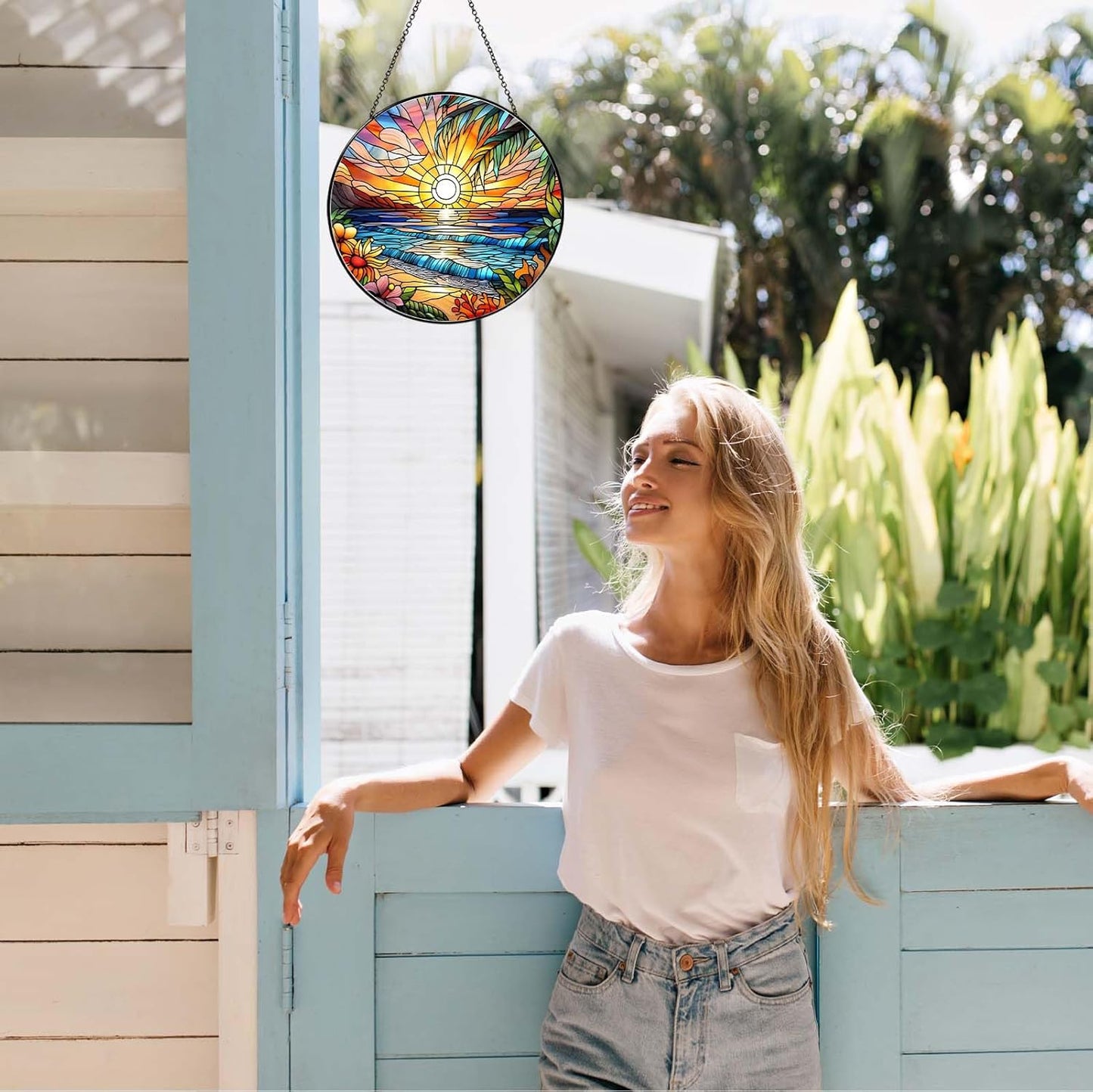 Beach Sunset Sun Catcher Stained Glass Window Hanging Beach Lovers Gifts for Women Wall Decor Landscape Decoration for Home Garden Housewarming Gifts