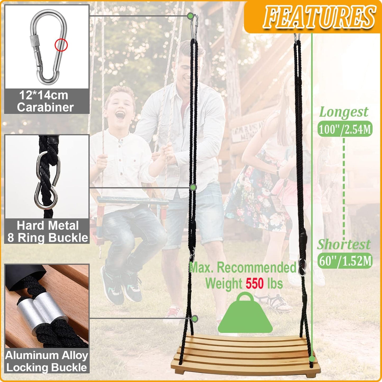 Taeku Adult Tree Swing, Hanging Beech Wood Swings with Adjustable Rope Garden Chair Seat Swing for Indoor Outdoor (26''x12'')