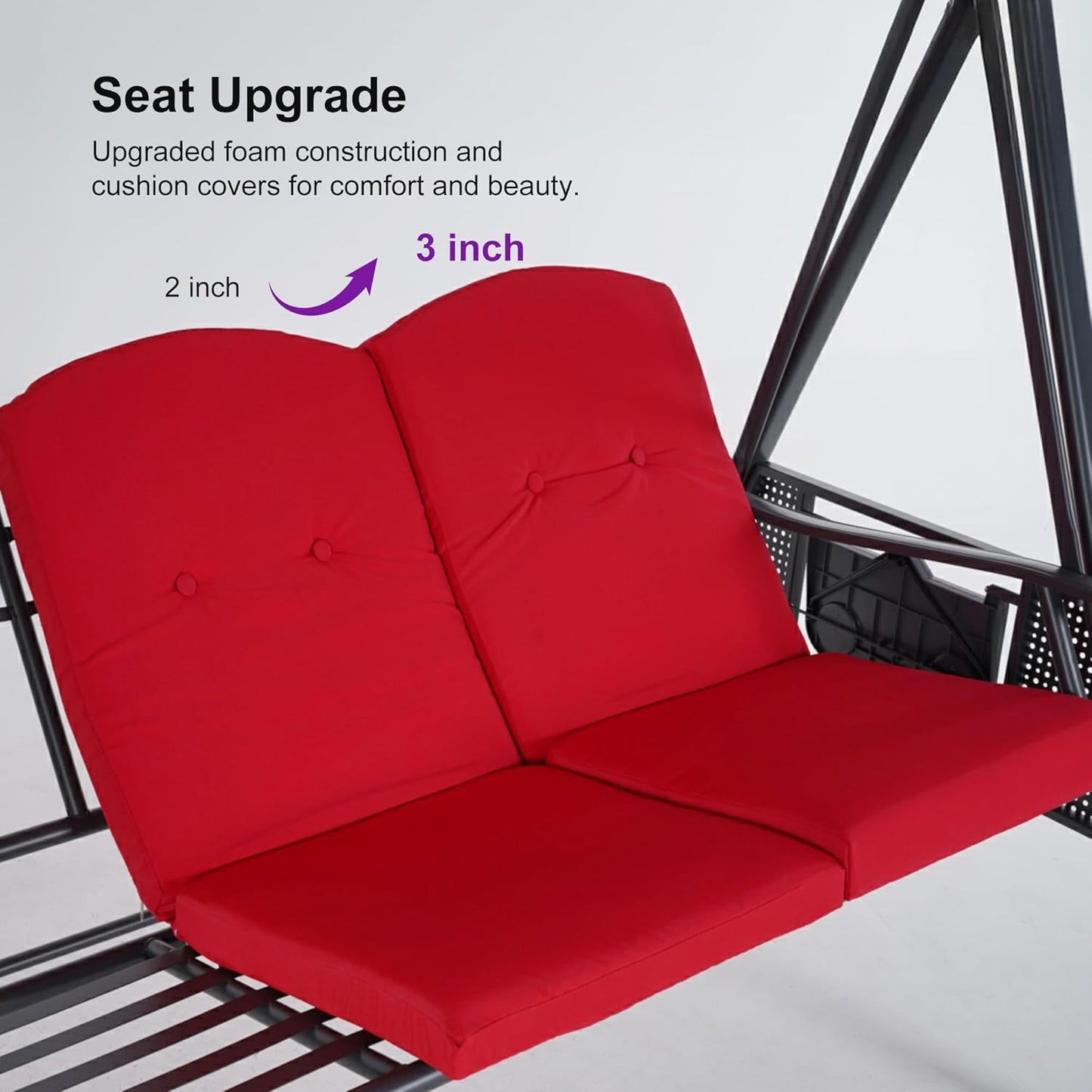 PURPLE LEAF Outdoor Patio Porch Swing with Stand, 2-seat Swing Chair with Adjustable Tilt Canopy All-Weather Steel Frame for Backyard Front Porch Lawn, Cushions and Pillow Included, Terra