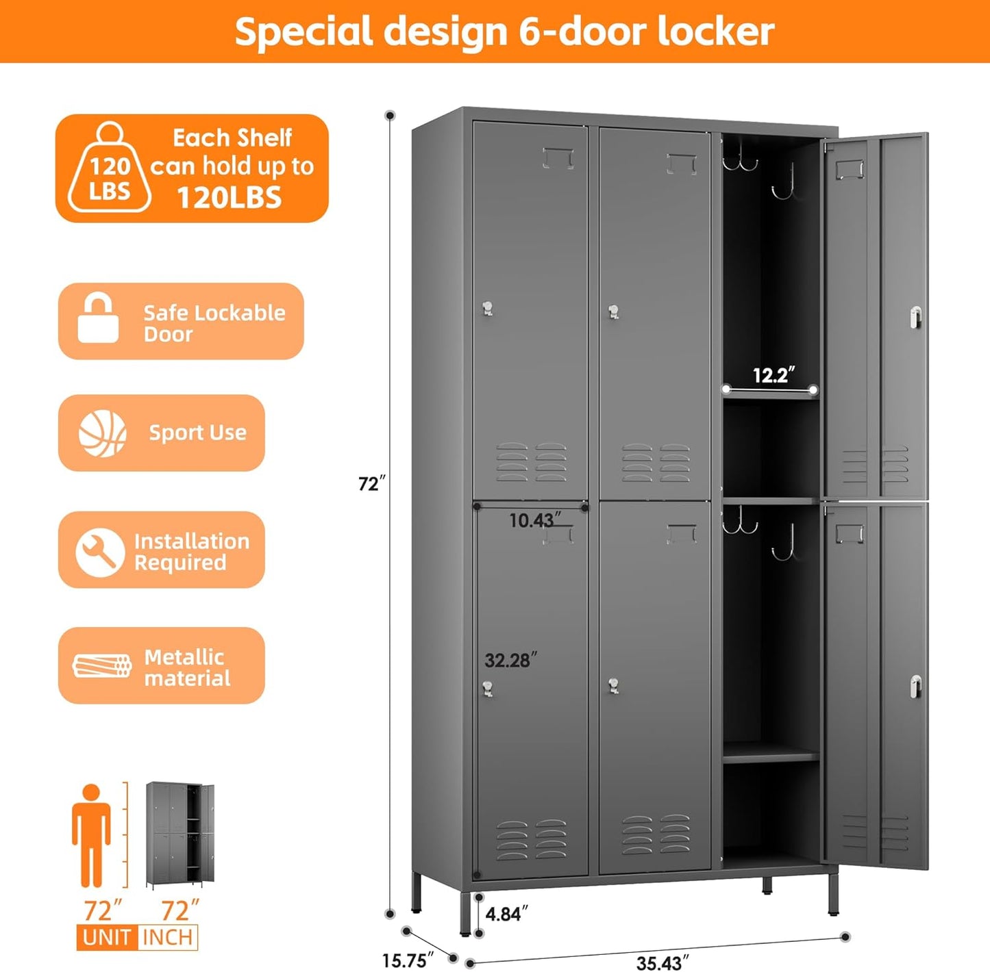 6 Doors Metal Storage Lockers for Employees with 18 Hooks,72" H Employee Lockers with Business Card Holder for Offices School Gyms Home,Assembly Required,Dark Gray