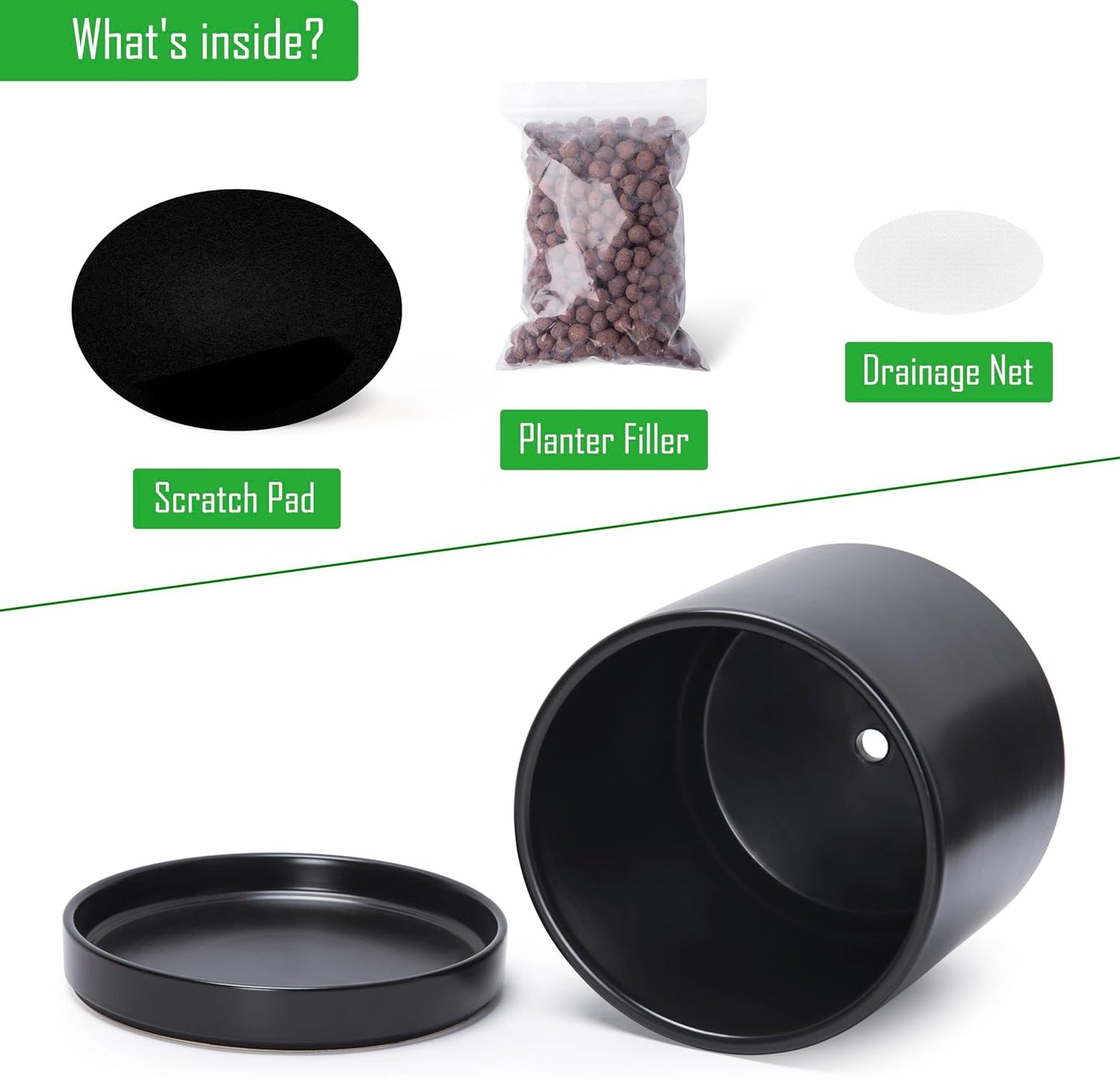 D'vine Dev 10 Inch Ceramic Planter Pot with Drainage Hole and Saucer, Indoor Cylinder Round Planter Pot, Black, 94-O-E-2