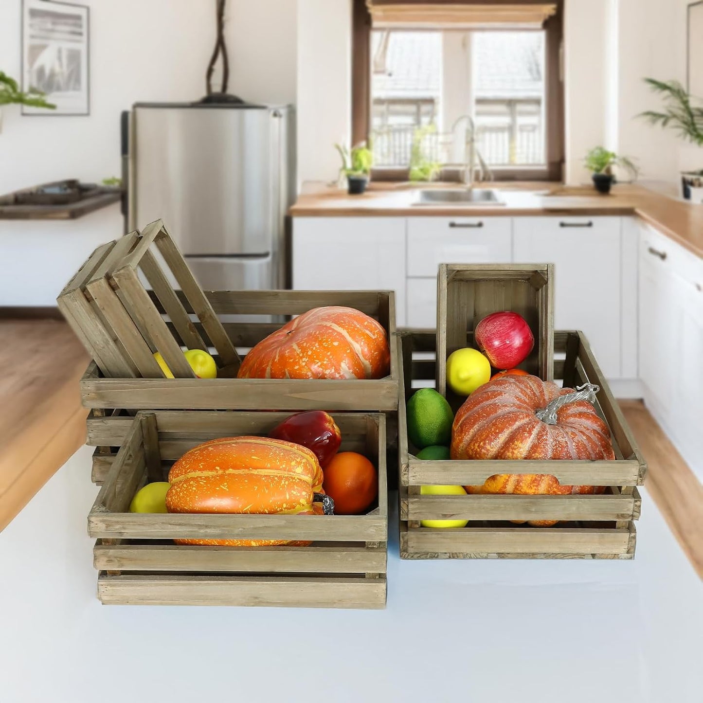 Large Wood Crates, Set of 5 Decorative Storage Box with Handles, Vintage Gray Farmhouse Wooden Crates for Decor, Wedding Birthday Home Party Living Room Kitchen Decoration