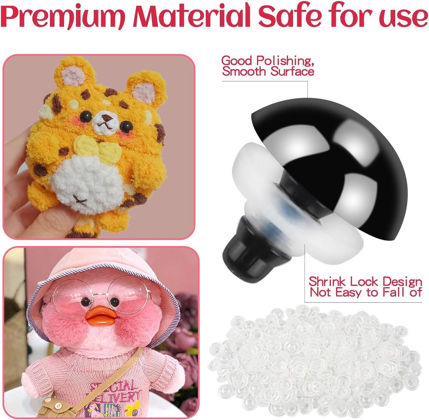 1000 Pcs 6-14mm Safety Eyes and Noses for Crochet, Black Plastic Safety Eyes with Washers, Craft Doll Eyes for Stuffed Animals, DIY Accessories, Assorted Sizes