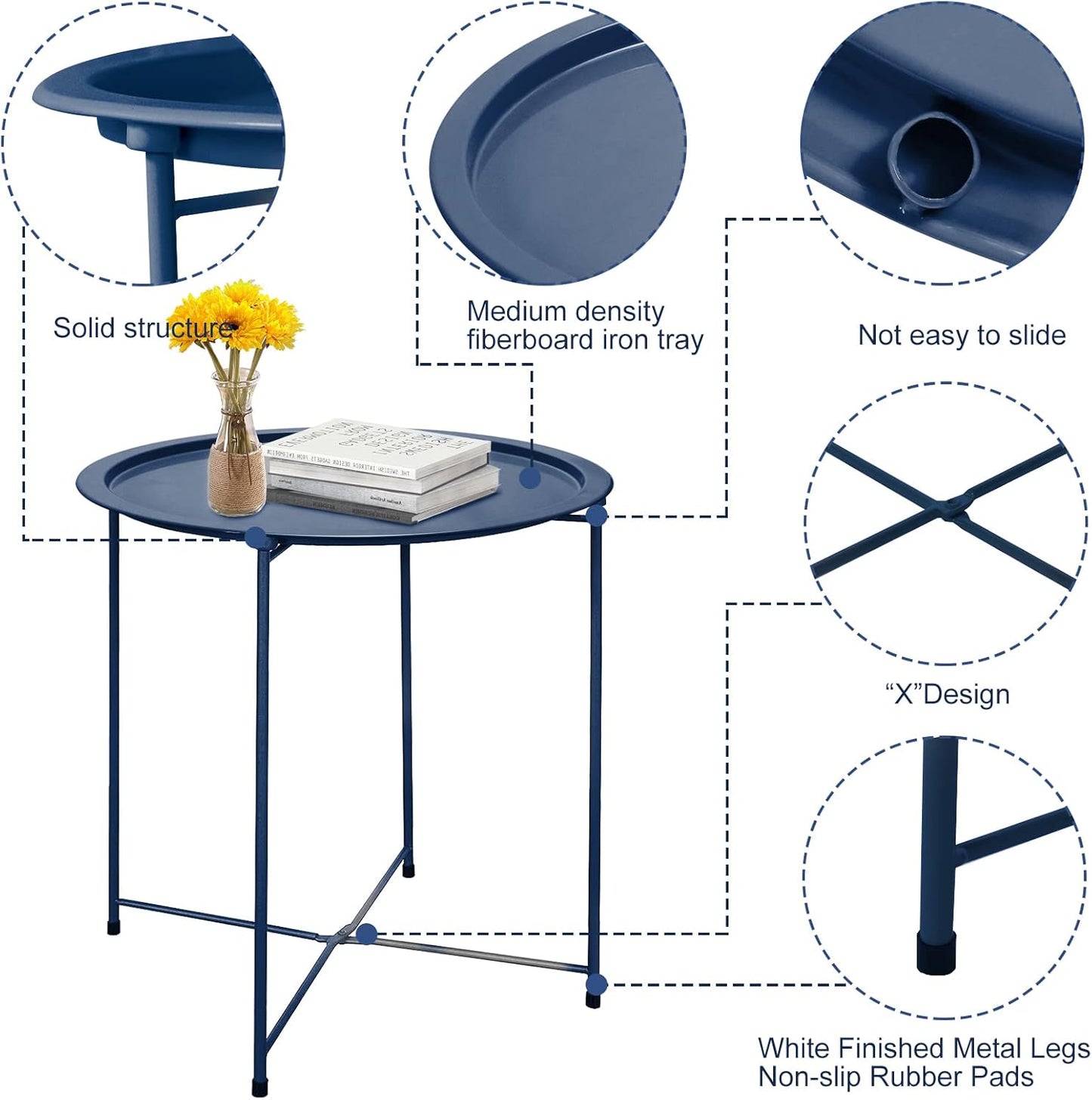 Garden 4 you End Table Metal Side Table Blue Round Folding Tray Cyan Sofa Small Accent Fold-able Table, Round End Table Tray, Next to Sofa Table, Snack Table for Living Room and Bed Room