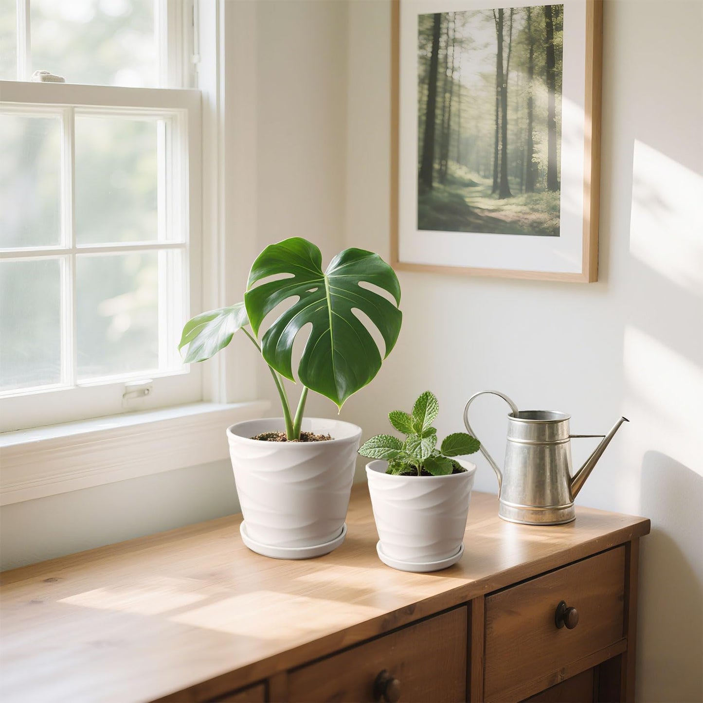 6.7 + 5.5 Inch Plant Pot, Ceramic Planter with Drainage and Saucer，Ceramic Pots for Plants, Indoor Plant pots，Succulent Orchid Flower Pot(Pure White)