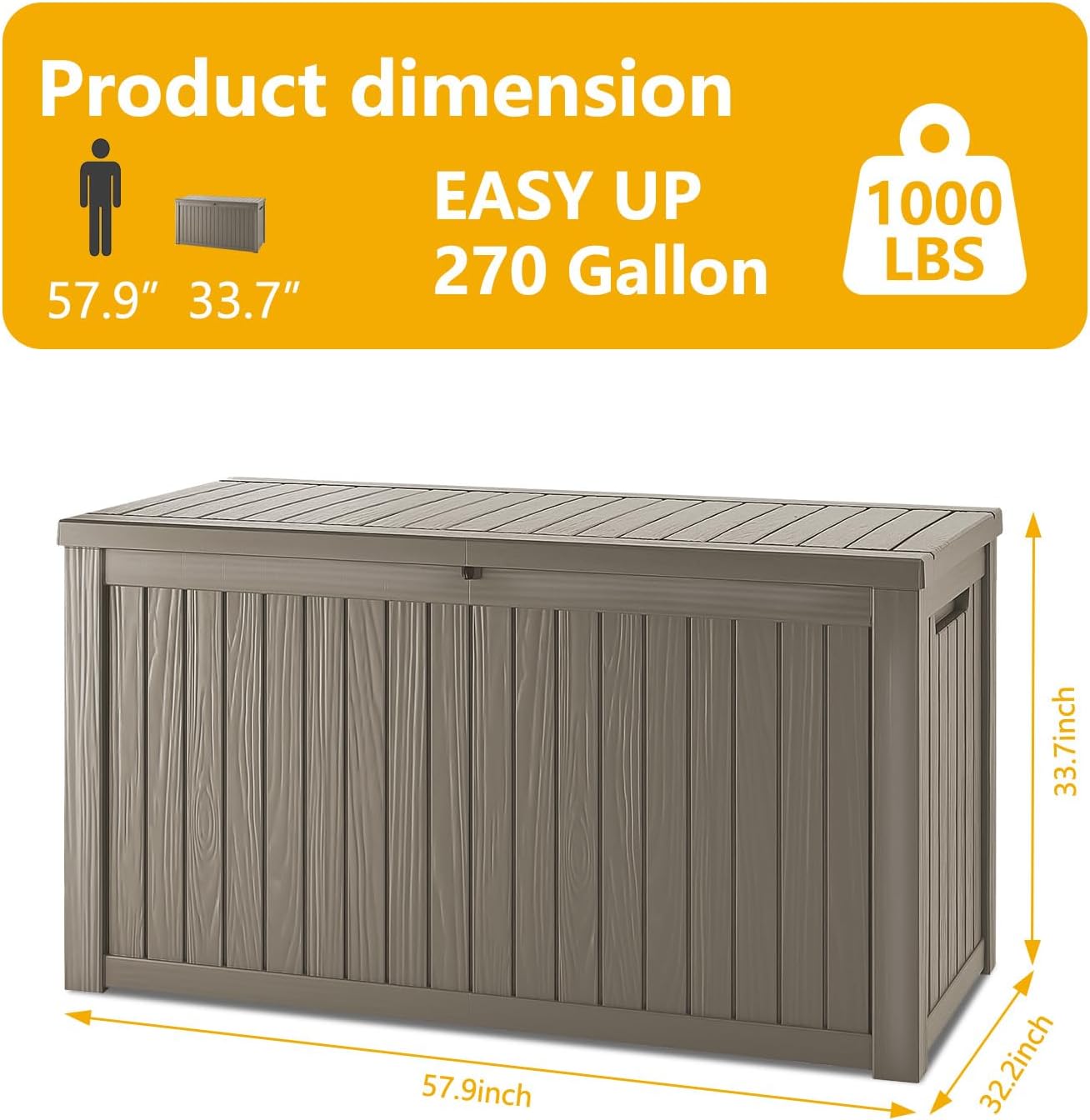 270 Gallon Deck Box, Resin Outdoor Indoor Waterproof Storage Box, Lockable Storage Box With Handle for Patio Furniture - Garden Tools - Swimming Pool Tools UV-Resistant, Brown