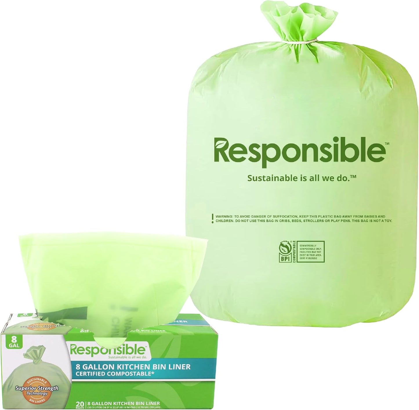 Kitchen Bin Liners, Certified Compostable, Heavy Duty Multipurpose Food Scrap Bags, Made from Compostable Materials (8 Gallon, 8 Gallon (20 Count))