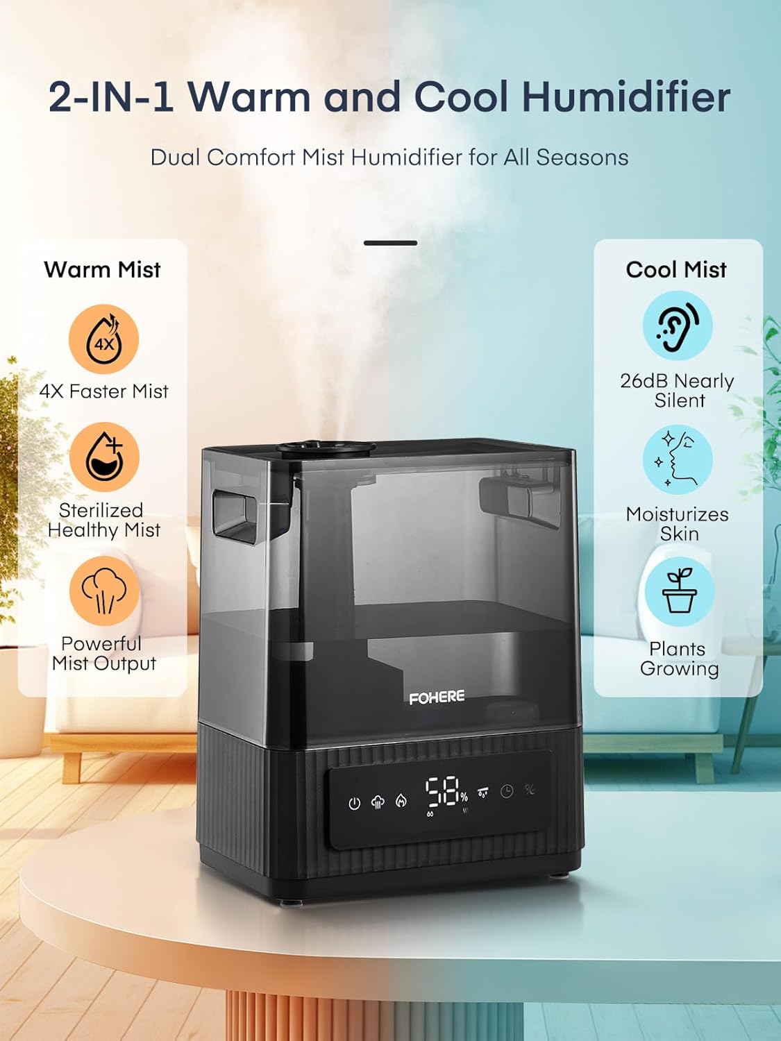 FOHERE Smart Humidifiers for Bedroom, 6L Warm and Cool Mist Quiet Humidifier with 60H Runtime, Humidity Control, Oil Diffuser, Sleep Mode, 12H Timer, Light, Top Fill Ultrasonic for Home Baby Plant