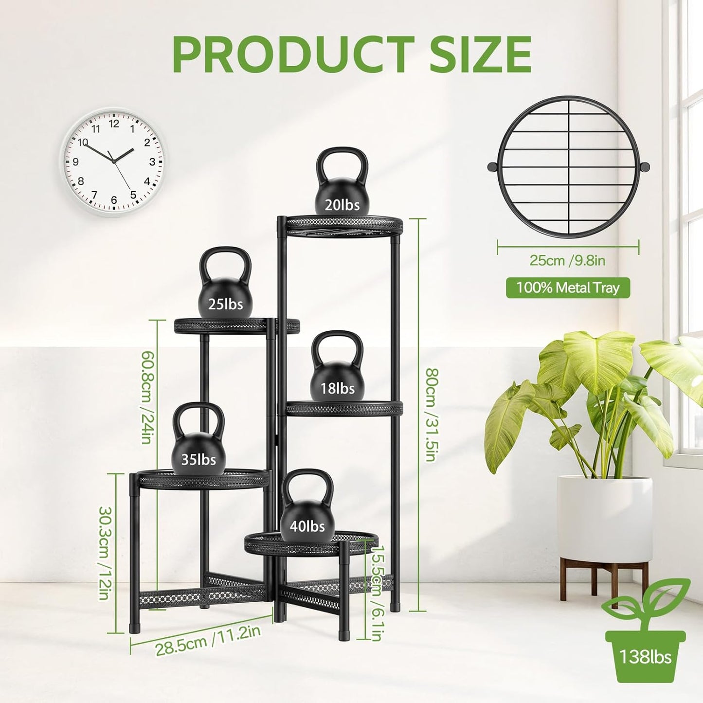 iDavosic.ly 5 Tier Large Plant Stand Indoor with 10-Inch Wide Drainage Tray, Tiered Corner Metal Outdoor Flower Display Holder Shelf, Folding Tall Rack for Patio Porch Balcony, Black Iron Carving