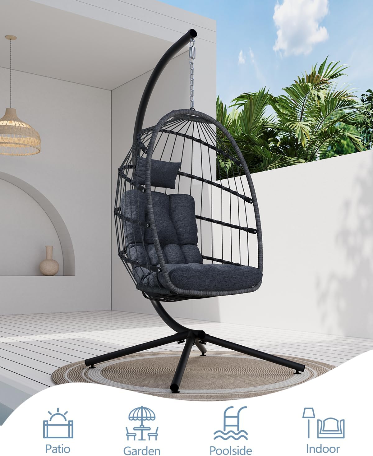 SWITTE Egg Chair Outdoor with Stand, Indoor Wicker Hanging Egg Swing Chair with Cushion, 350lbs Capacity for Patio, Bedroom, Garden - Dark Grey