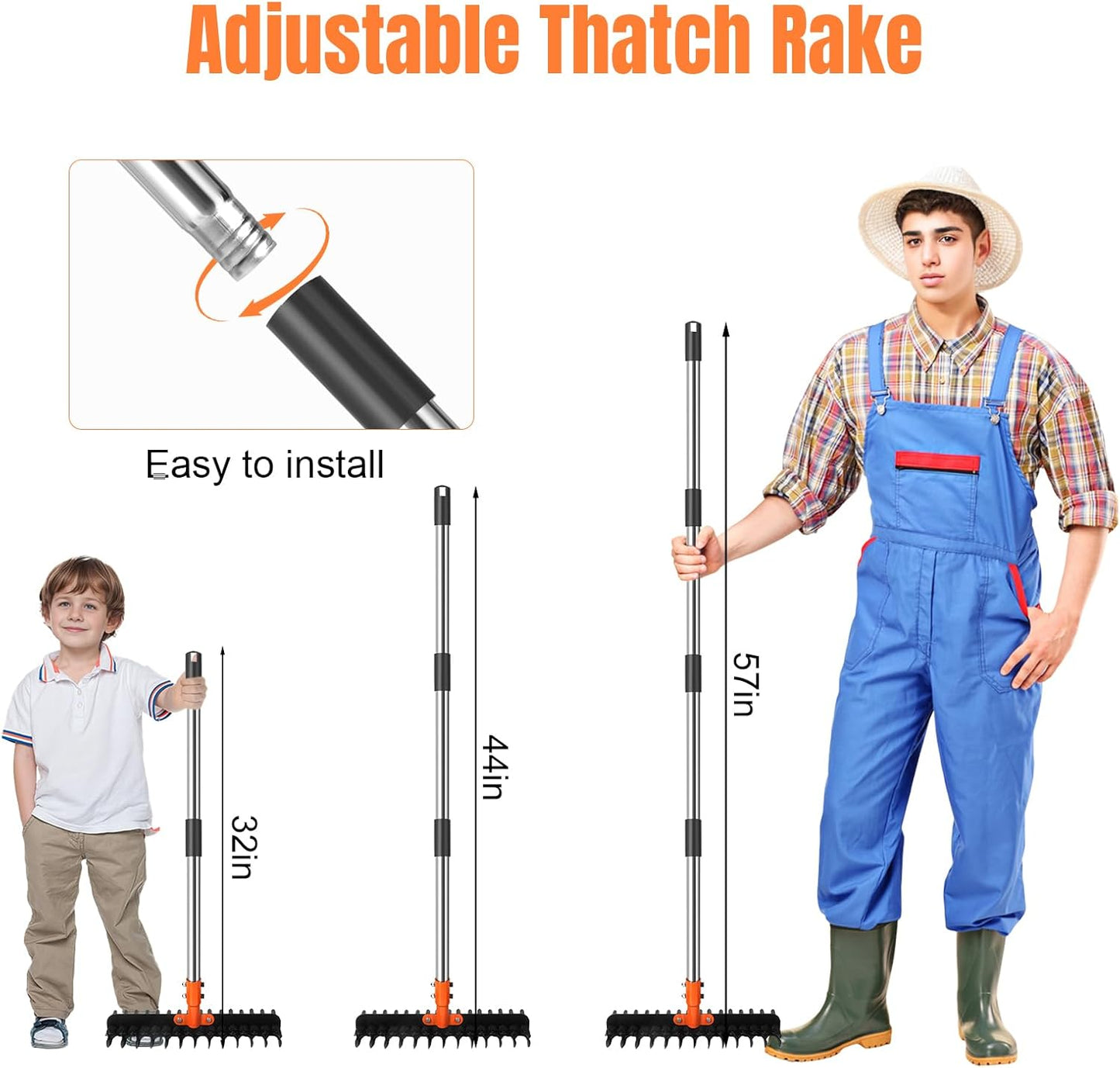 57-Inch Thatch Rake - Professional Dethatcher & Soil Aerator with 15" Steel Tines, Detachable Handle for Lawn Thatching and Compacted Soil Removal