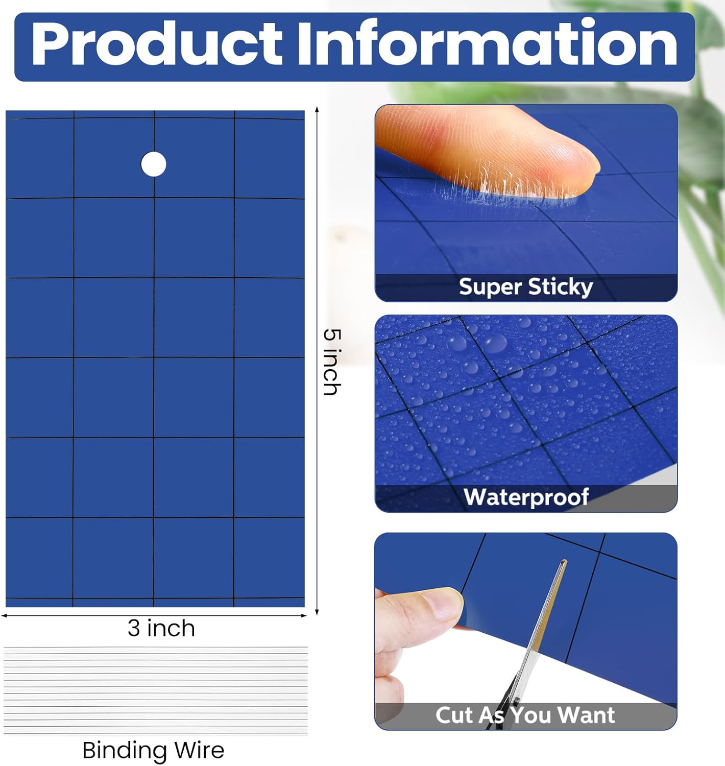 Qualirey 100 Pcs Sticky Trap for Gnats 3 x 5'' Dual Side Sticky Fruit Fly Trap with Tie Plant Sticky Trap for Flying Insect Fungus Bugs Flying Sticky Trap Sticky for Indoor (Dark Blue)