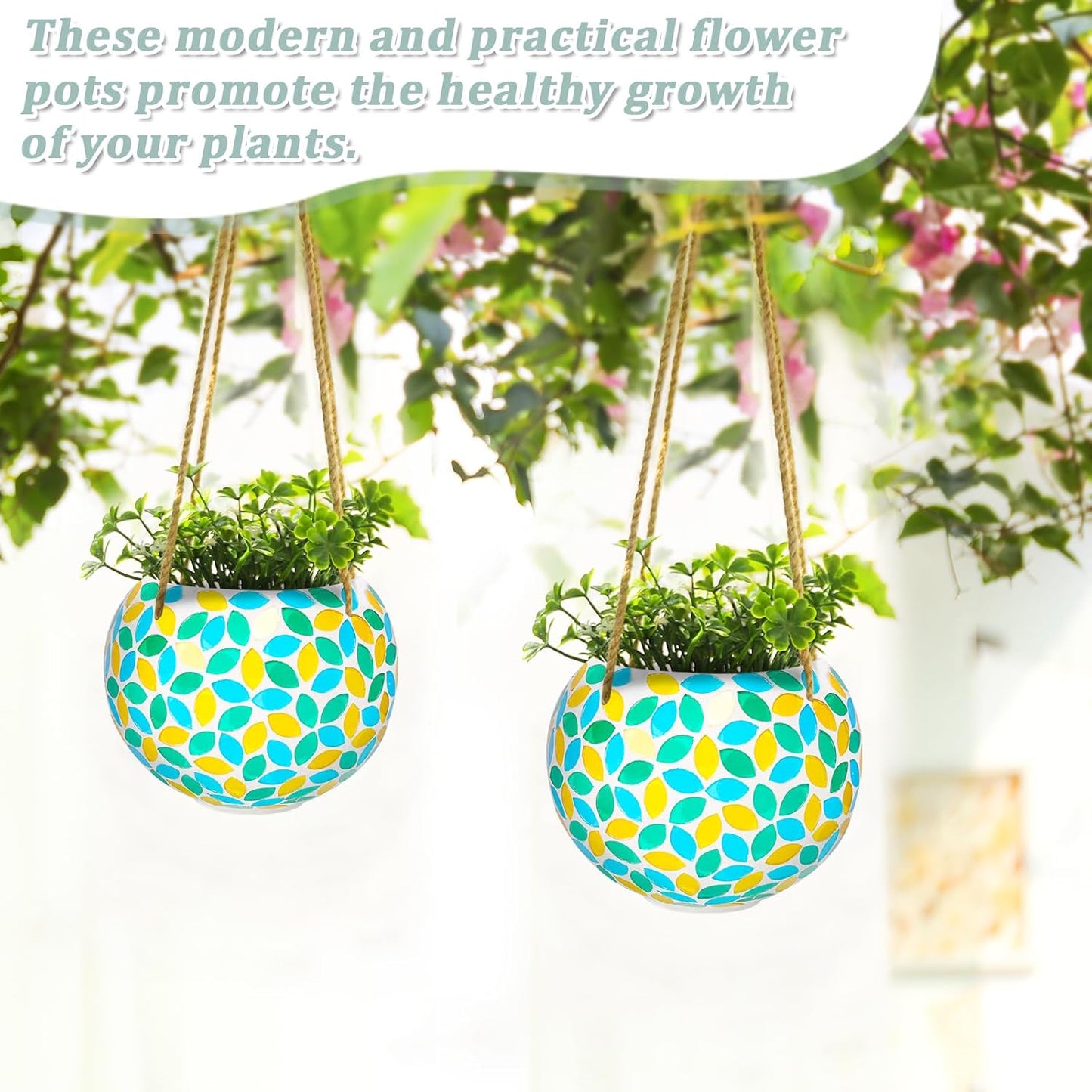 Hanging Planter Mosaic Garden Pot Small Flower Pot for Indoor Plant Disco Ball Hanging Planter with Drainage Green Yellow