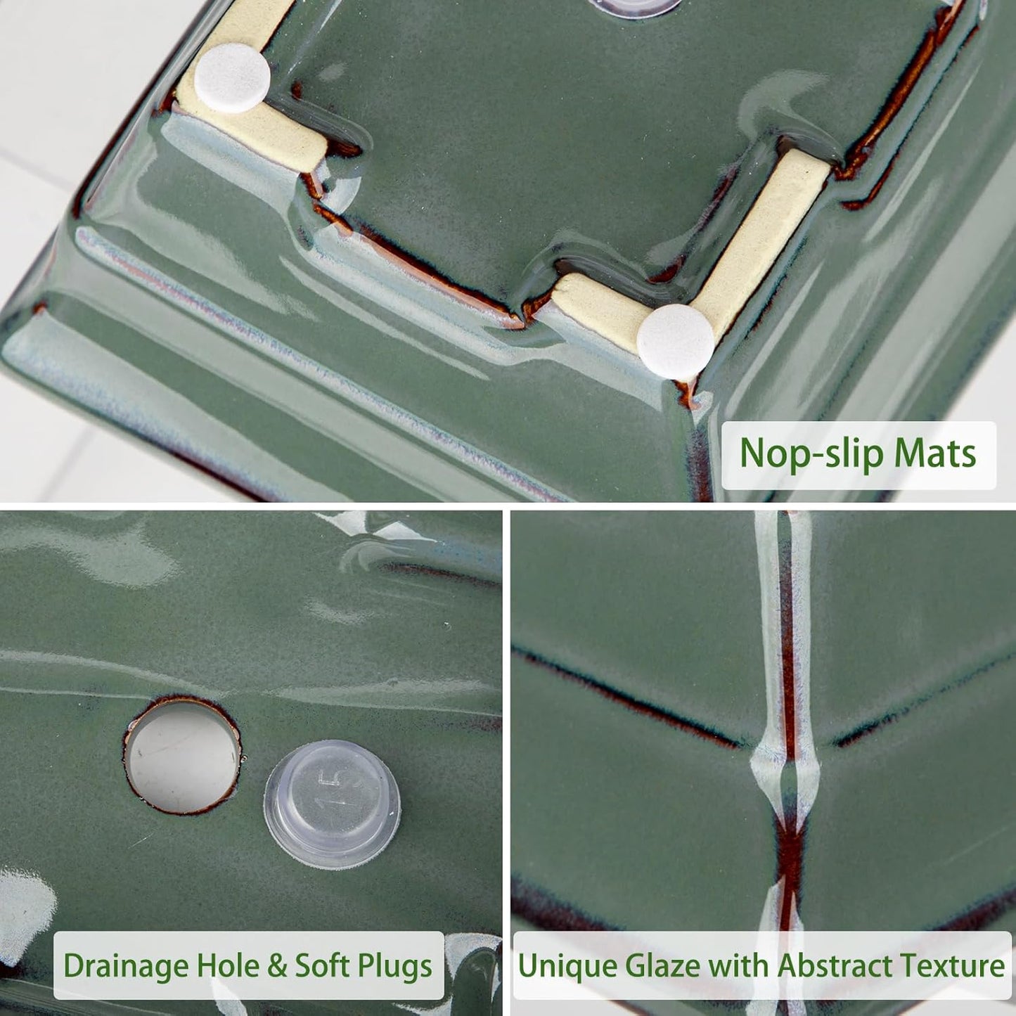 Ceramic Bonsai Pots with Drainage Hole Set of 2, Green Glazed Bonsai Planters for Indoor/Outdoor Use, Rectangular Shallow Bonzai Tree Pot for Succulent, Orchids, Cacti, Home, Patio, Garden, 8.7"x5.9"