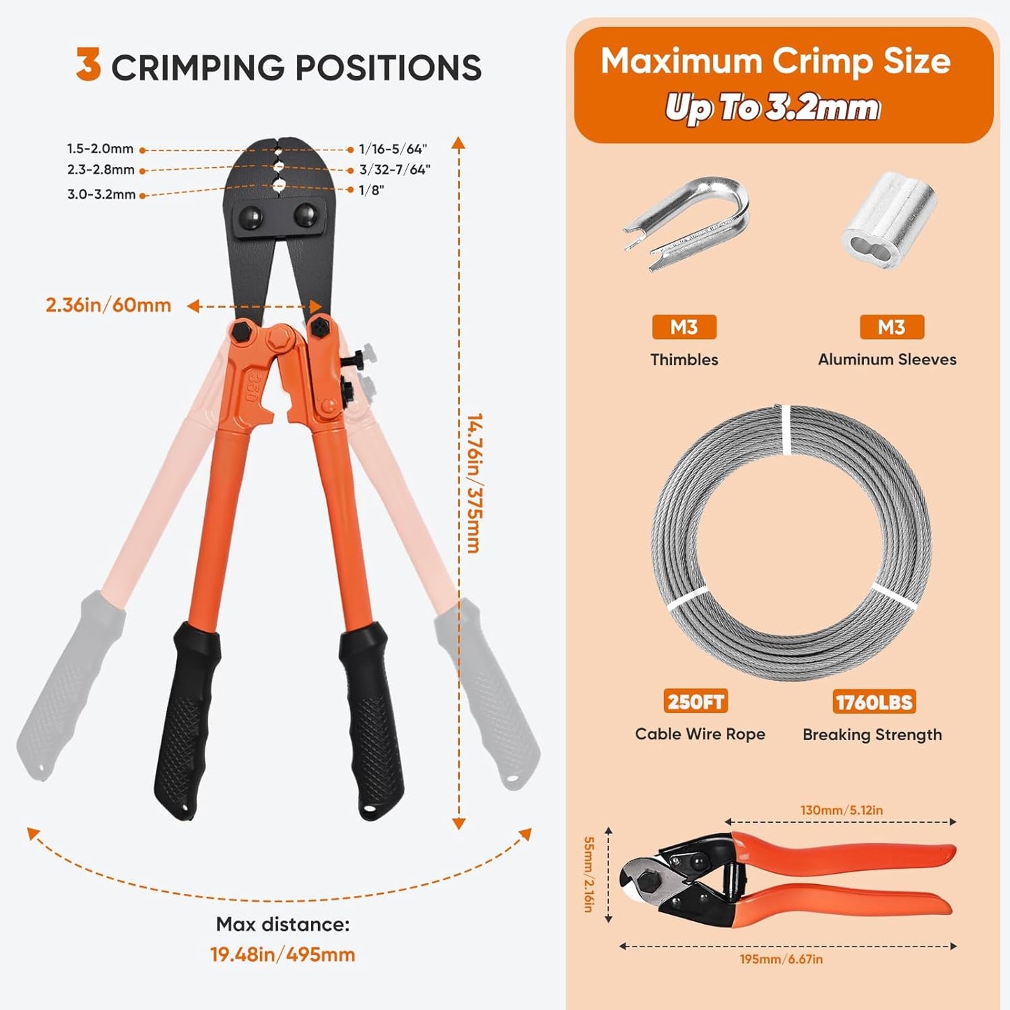 250FT 1/8" Stainless Steel Cable with Wire Rope Crimping Tool and Cable Cutter, 1760 lbs Breaking Strength, 7x7 Strands Aircraft Cable for Deck Railing, Porch Fence, String Light