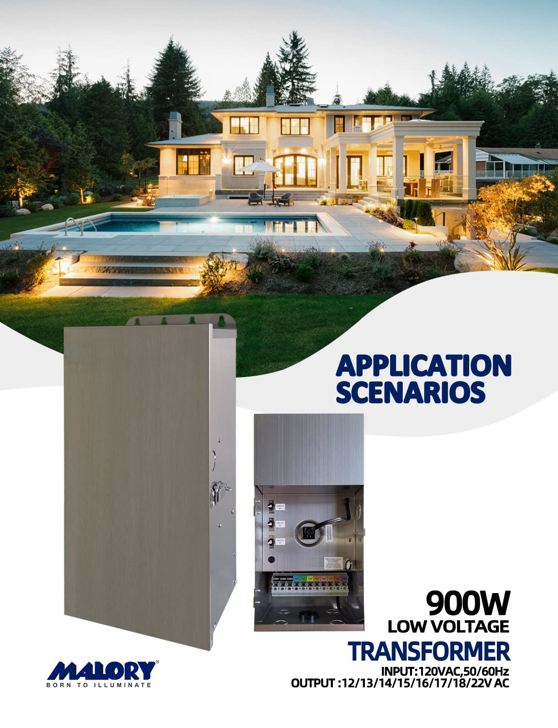 MALORY 900W Low Voltage Transformer for Landscape Lighting(19''H),120V AC to 12/13/14/15/16/17/18/22V Multi-Tap Power Supply for Outdoor Landscape Lights,Yard Lights,Garden Lights(Transformer only)