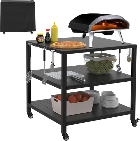 Pizza Oven Table Cart for Ooni/Ninja Woodfire/Blackstone/Cuisinart Pizza Oven Stand for Outside, Modular Table Movable Prep Cart with Pizza Topping Station for Ooni Koda Karu Fyra 16/12