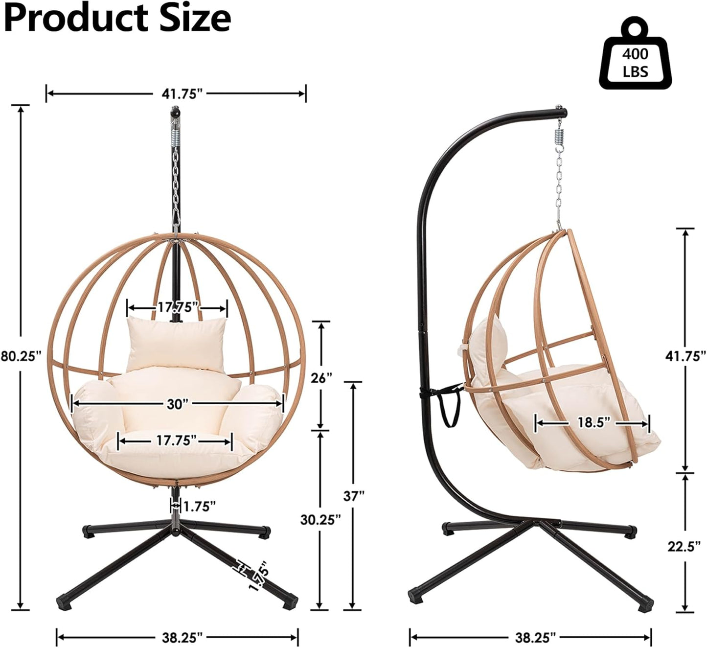 Egg Chairs Outdoor, Hanging Egg Chair with Stand, All Weather Swing Chair, Modern Swinging Egg Chairs Indoor, Metal Hanging Chairs with Cushions, Patio Lounge Chair for Balcony/Deck, Beige