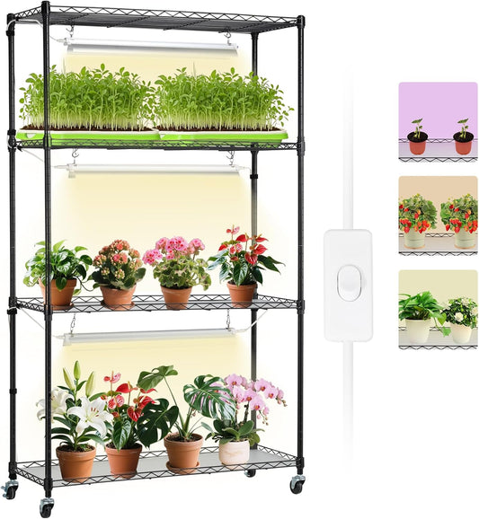 VEVOR Plant Stand with Grow Light, 4 Tier Plant Shelf with 90W Grow Light for Indoor Plants, 3 Modes Grow Light Shelf Full Spectrum Lights Adjustable Metal Plant Stand for Seed Starting