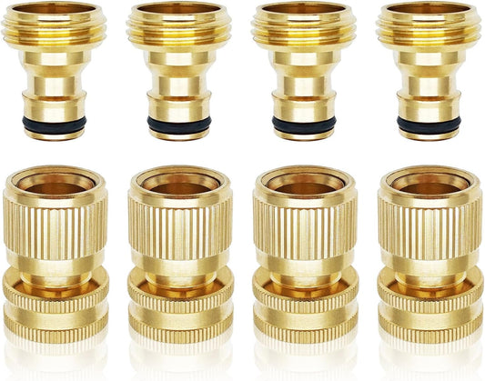 Garden Hose Quick Connector 3/4 Inch GHT, Solid Brass No-Leak Kit (4 Sets: 4 Male + 4 Female) - Quick Connect Fittings for Water Hose
