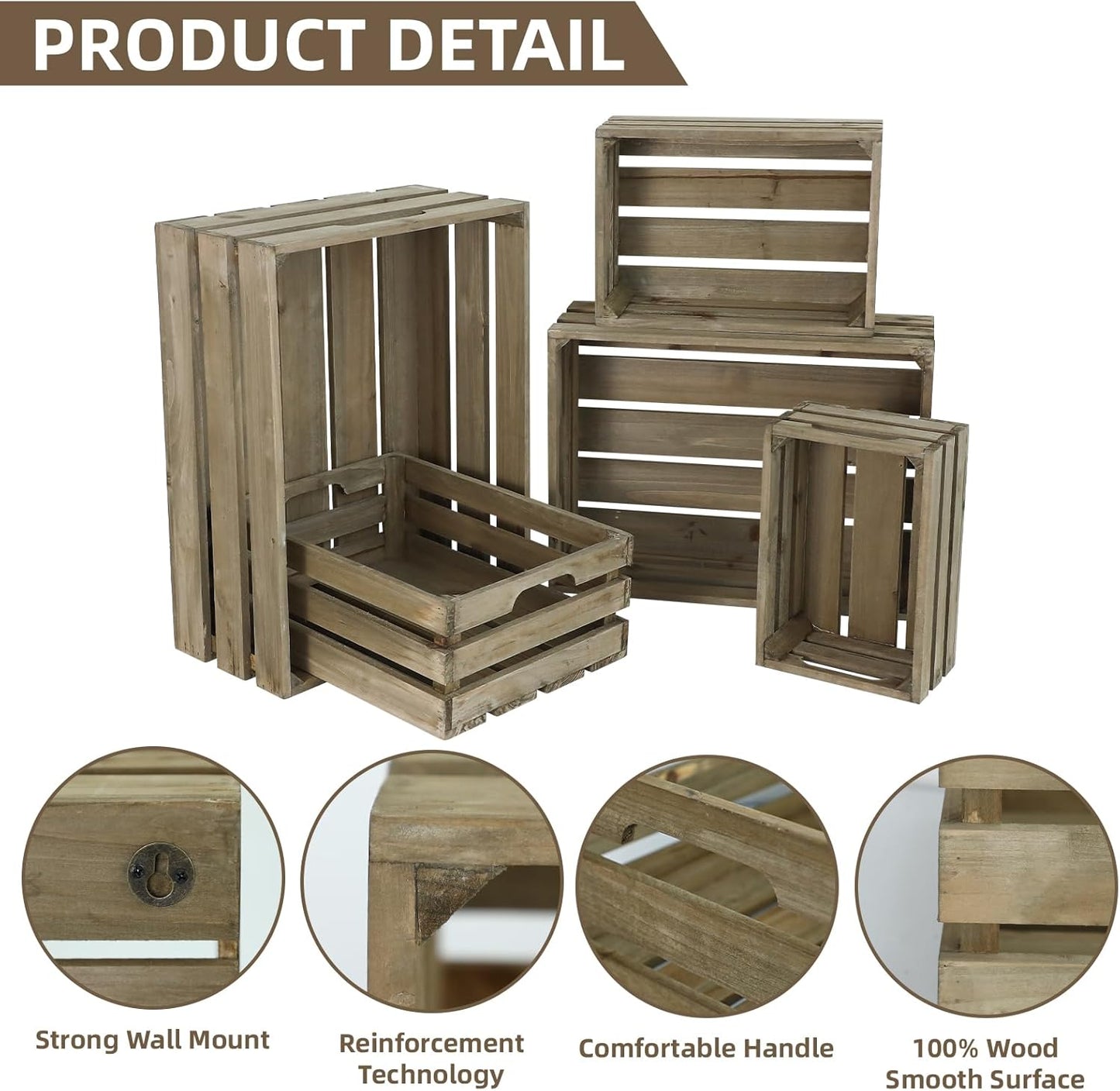 Large Wood Crates, Set of 5 Decorative Storage Box with Handles, Vintage Gray Farmhouse Wooden Crates for Decor, Wedding Birthday Home Party Living Room Kitchen Decoration