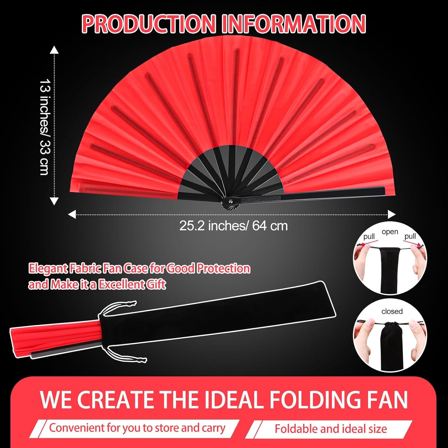 Blulu 4 Pcs 13 Inch Large Folding Hand Fans for Line Dancing Big Clapping Popping Raves Fans Bulk for Dancing Boots on The Ground Festival Party Decoration(Classic Style, Red)