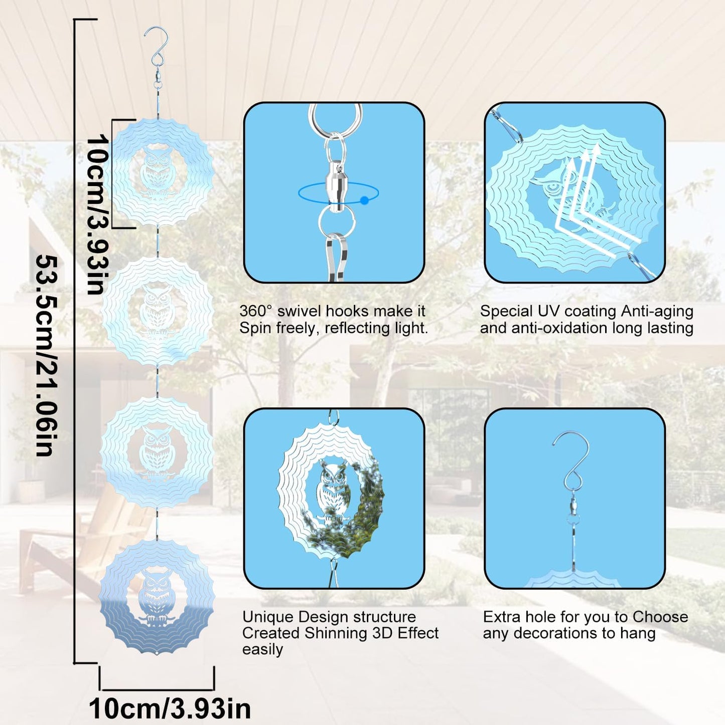 Bird Deterrents for Outside Owl Bird Scare Discs 3D Shiny Helix Wind Spinners, Reflective Bird Reflector & Stainless Steel Outdoor Garden Décor Sculpture Ornaments, Scare Birds Away from Yard Patio