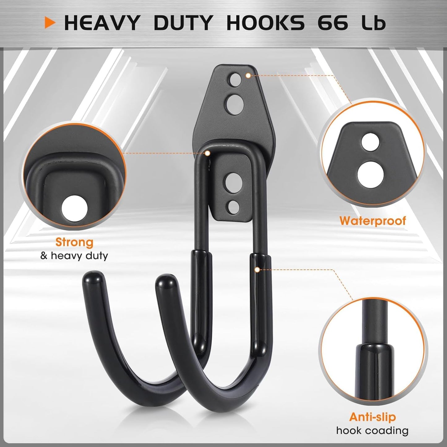 Garage Hanging Hooks Wall Mount, Garage Tool Storage Hooks, Wall Hangers for Hose, Tools, Garden Equipment, Ladder, Bikes, Broom and mop, Balck