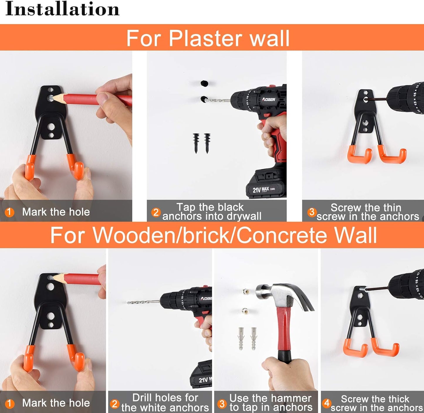 AOBEN Garage Hooks Heavy Duty, Steel Garage Storage Hooks, Utility Tool Hangers and Broom and Mop Holder Wall Mounted for Organizing Cleaning Tools, Mops, Garden Tools (S, 10 Pack)