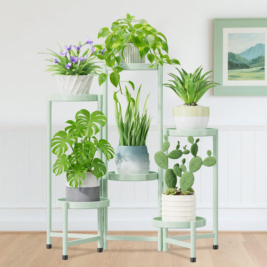 iDavosic.ly Plant Stand Indoor Outdoor, 6 Tier Corner Metal Flower Display Holder Shelf, Folding Tall Orchid Rack for Patio Balcony Porch Garden Living Room House, Light Green