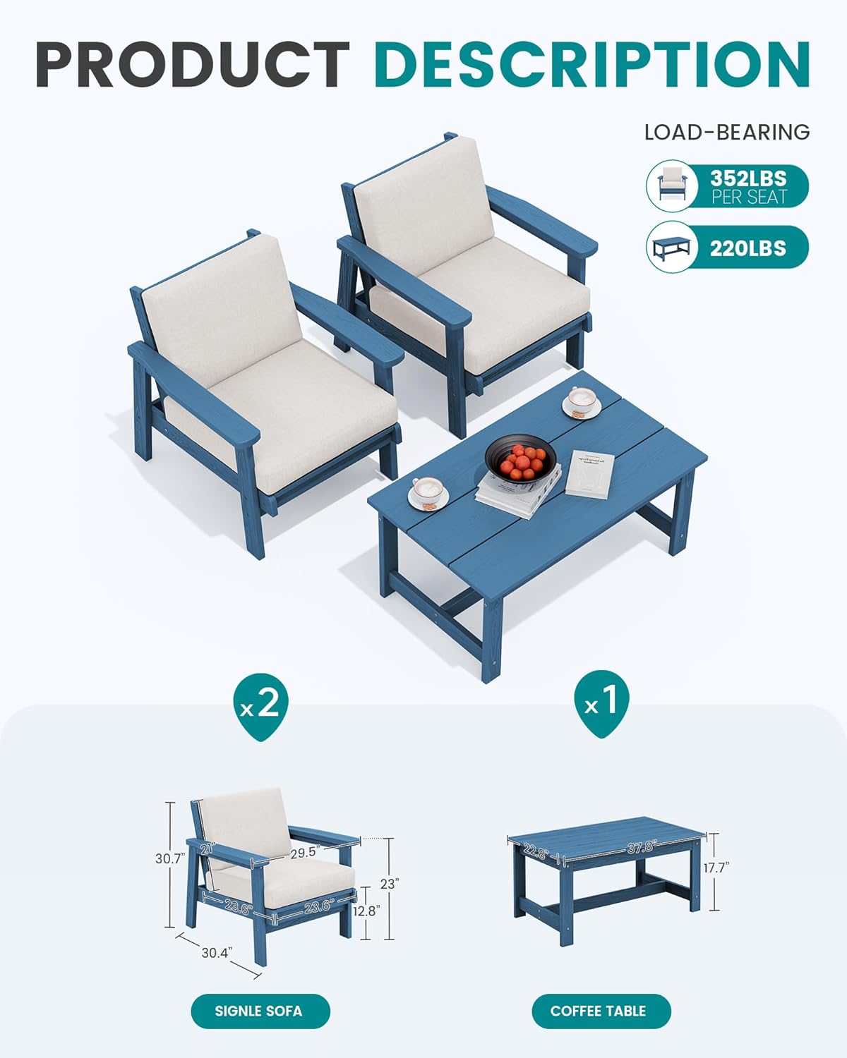 SERWALL HDPE Outdoor Couch, Blue Frame and Khaki Cushion