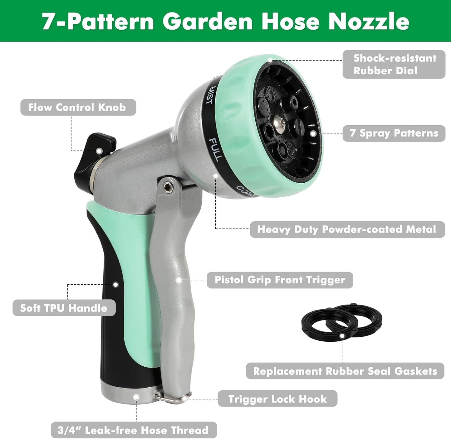 RESTMO Garden Hose Nozzle, Heavy Duty Metal Water Hose Nozzle with 7 Adjustable Spray Patterns, High Pressure Hand Sprayer with Flow Control, Best for Watering Plant & Lawn, Washing Car & Pet, Cyan