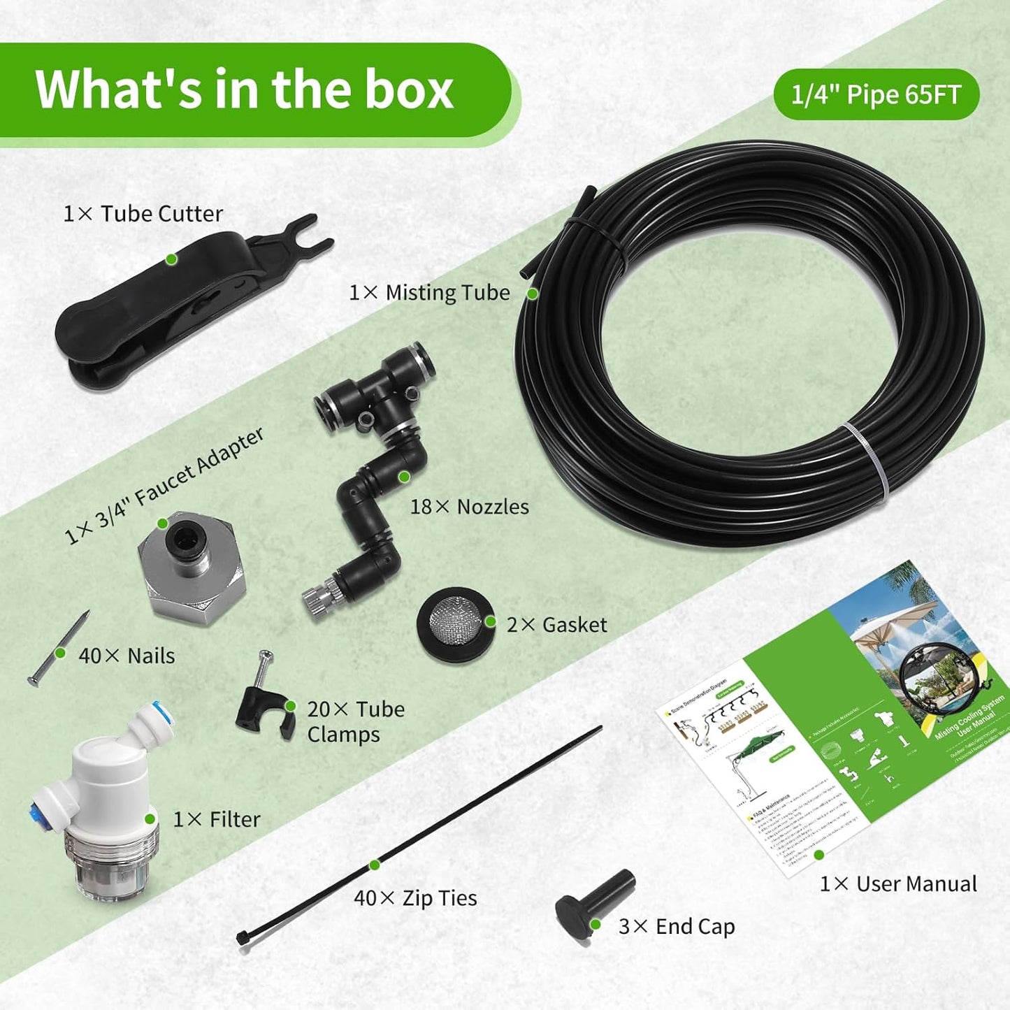 Misters for Outside Patio, 65FT (20M) Misting Line + 18 Adjustable 360° Nozzles + 3/4” Threaded Adapter, Misting Cooling System for Patio, Garden, Greenhouse, and Trampoline