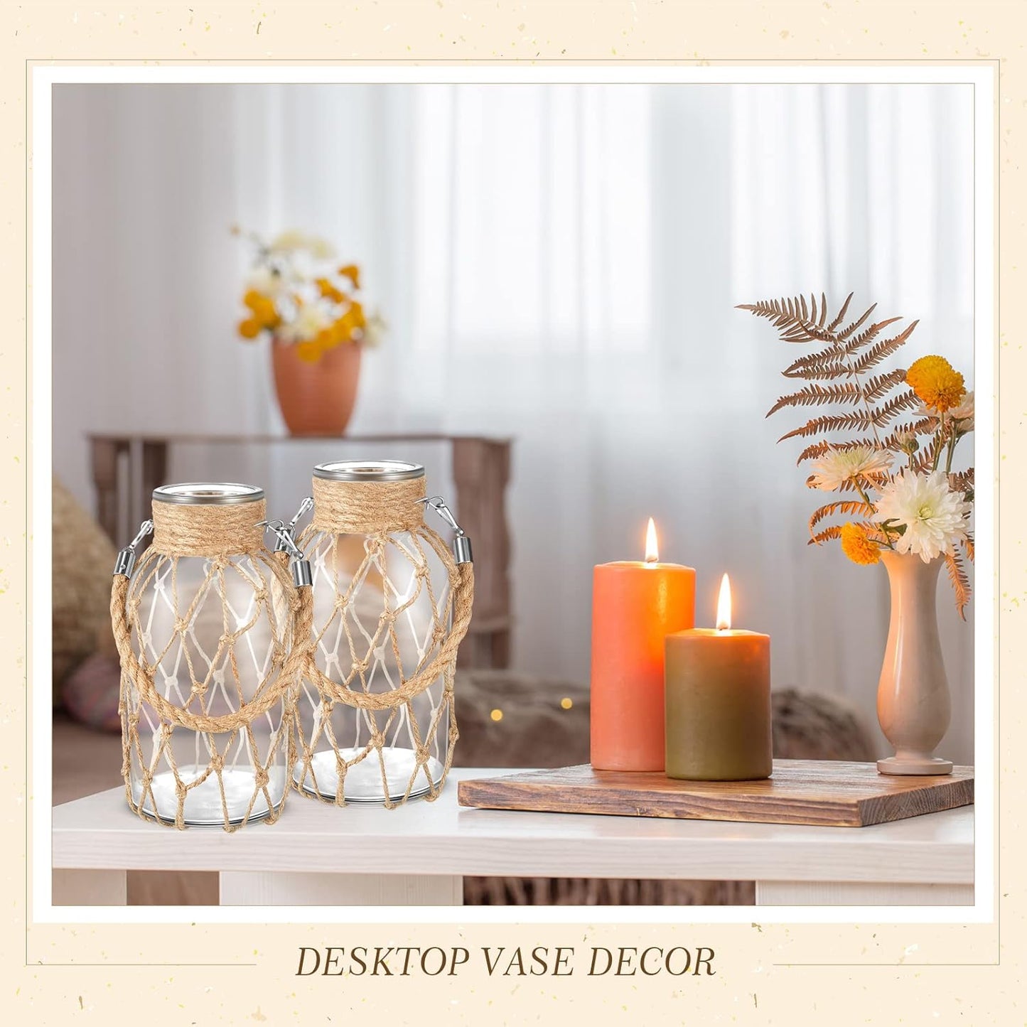 Set of 2 Rope Net Dry Flower Glass Vase 7.9 x 4 Inches Wicker Farmhouse Vase Coastal Decor for Wedding Tables Home Rustic Hanging Mason Jar Rope Wrapping Decorative Bottles Nautical Decor