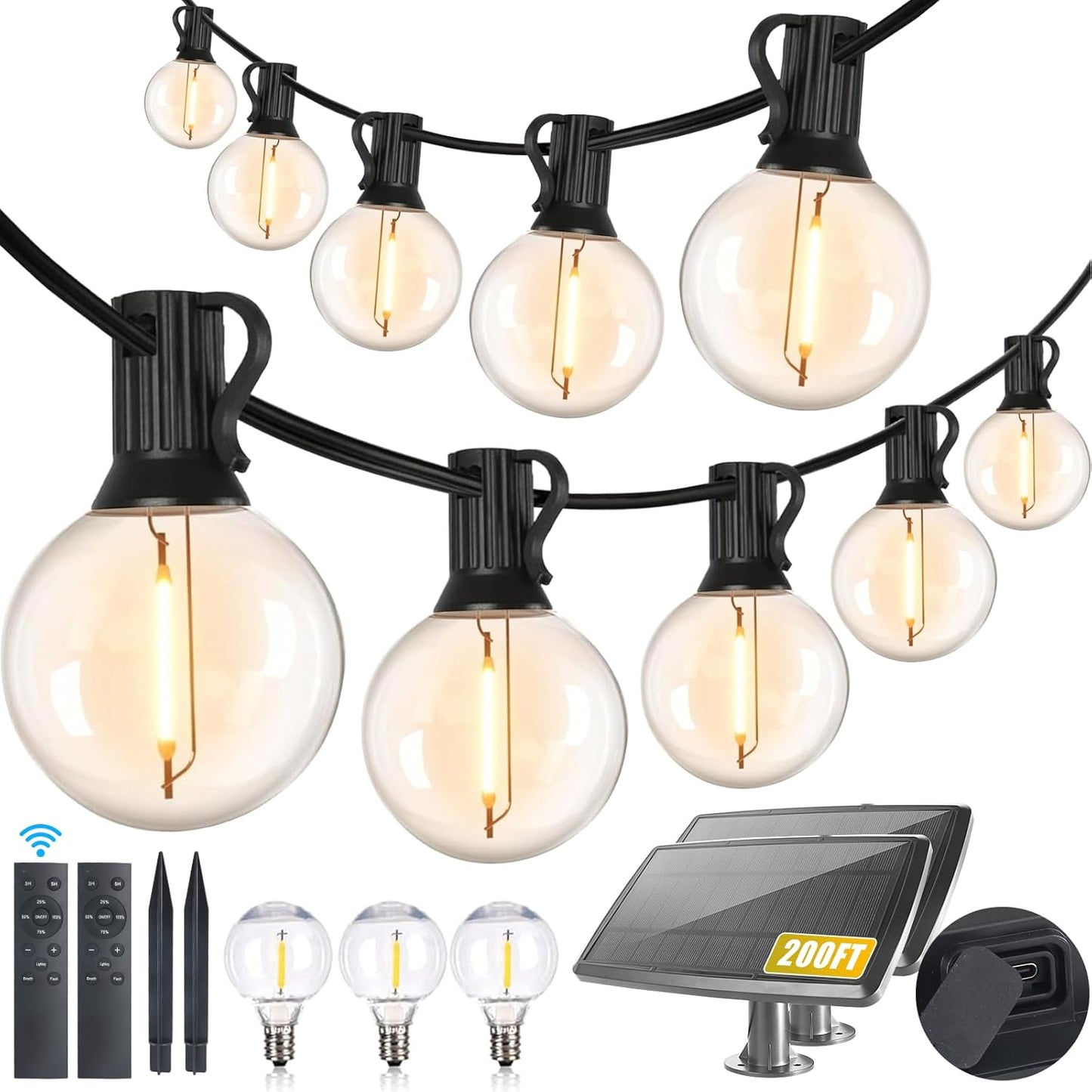 200FT Solar String Lights Outdoor Waterproof with Remote,G40 Solar Powered String Lights with 60+3 LED Shatterproof Bulbs, Dimmable Solar Patio Hanging Lights for Outside Backyard Party