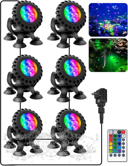 T-SUN Color Pond Lights with Timer, Bright LED Underwater Pond Light Submersible Fountain Lights for Fish Tank Remote Control IP68 Waterproof Landscape Spotlights for Garden Koi Pond Aquarium(6-Head)