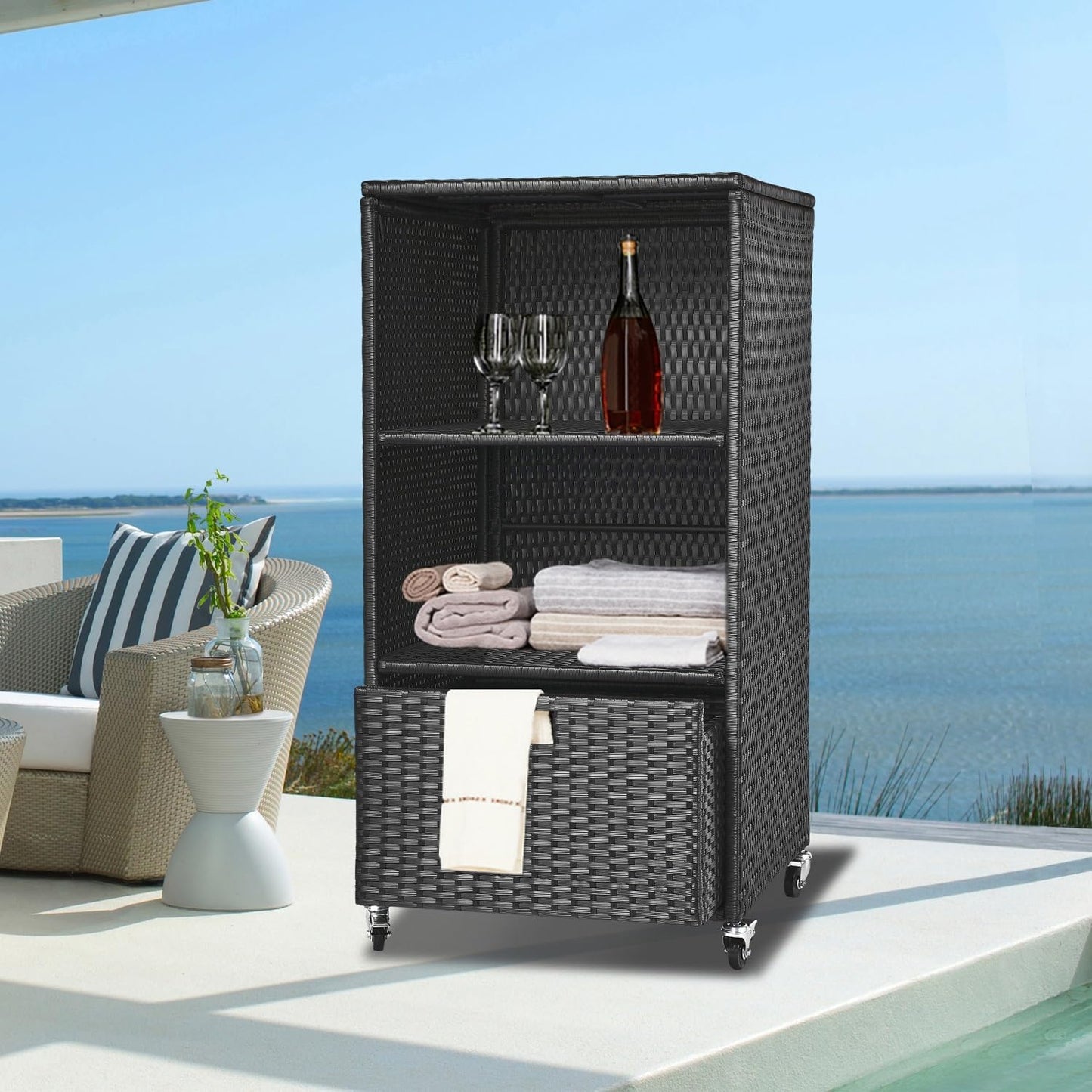 Outdoor Towel Rack for Pool Outdoor Pool Towel Storage Cabinet with Shelf & Drawer Pool Towel Holder with Rolling Wheels Hot Tub Towel Rack w/Waterproof Cover Poolside Towel Valet Caddy for Spa Black