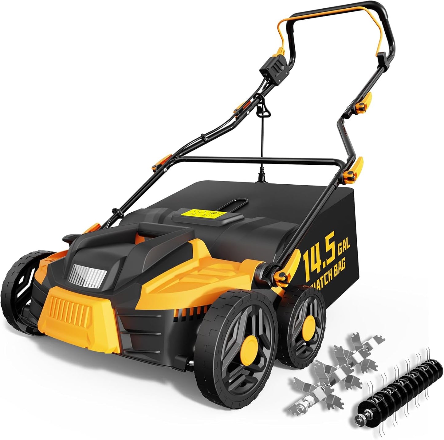 15.5 Amp 16-Inch Electric Dethatcher and Scarifier, Lawn Dethatcher with Foldable Design, 14.5-Gallon Bag, 5-Position Depth Adjustment, Quick Blade Replacement, Ideal for Healthy Lawn Care