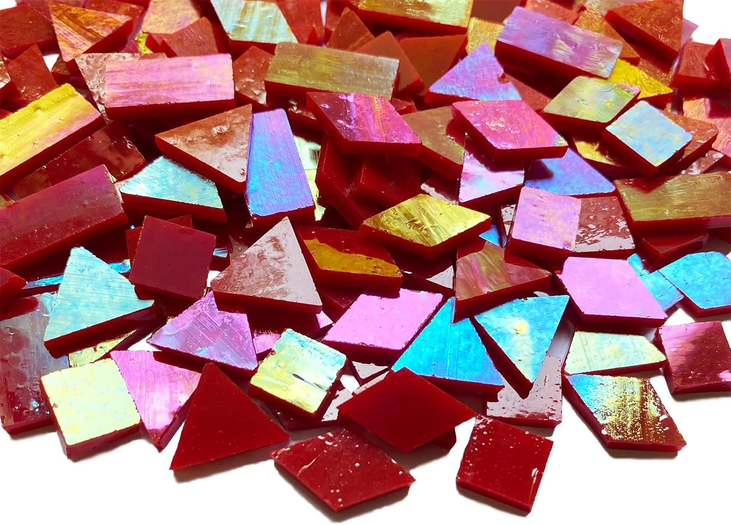 Magic Iridescent Red Glass Mosaic Tiles for Crafts, 280 Pieces Mixed 4 Shapes Stained Glass Sheets, Mosaic Kit Supplies for Adults