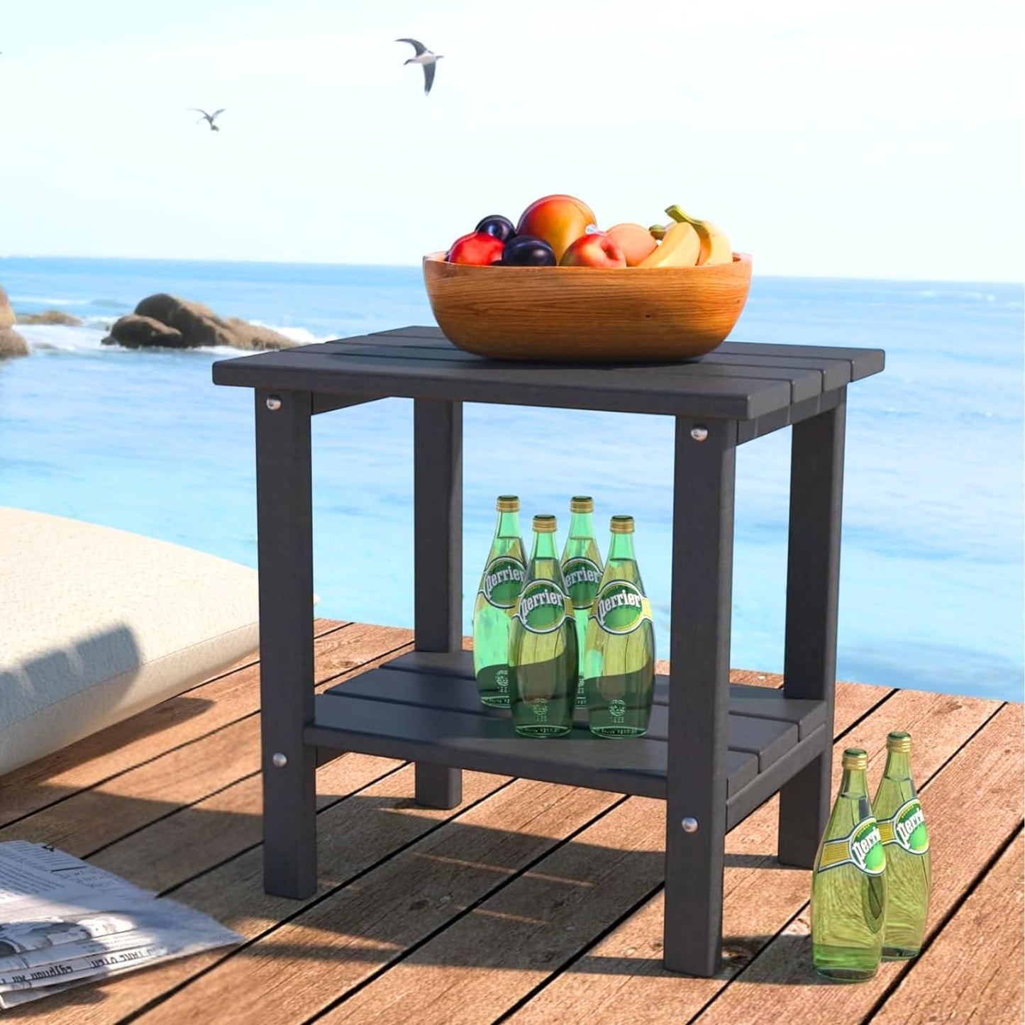 Weather Resistant Outdoor Side Table, Adirondack HDPE Small Outdoor Table, 2-Tier Small Patio Tables for Outside or Indoor, Black