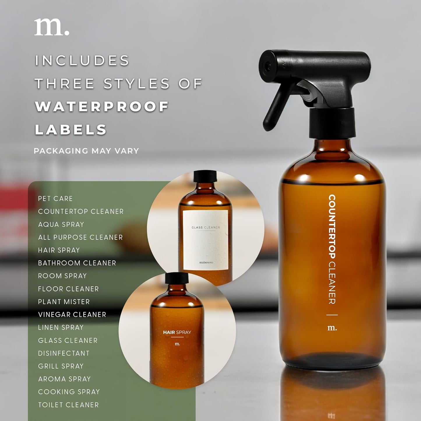 MaisoNovo Glass Spray Bottle - 16.9 fl oz Amber x 2 with 16 Labels